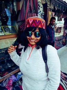 Woman wearing Ladakhi hat